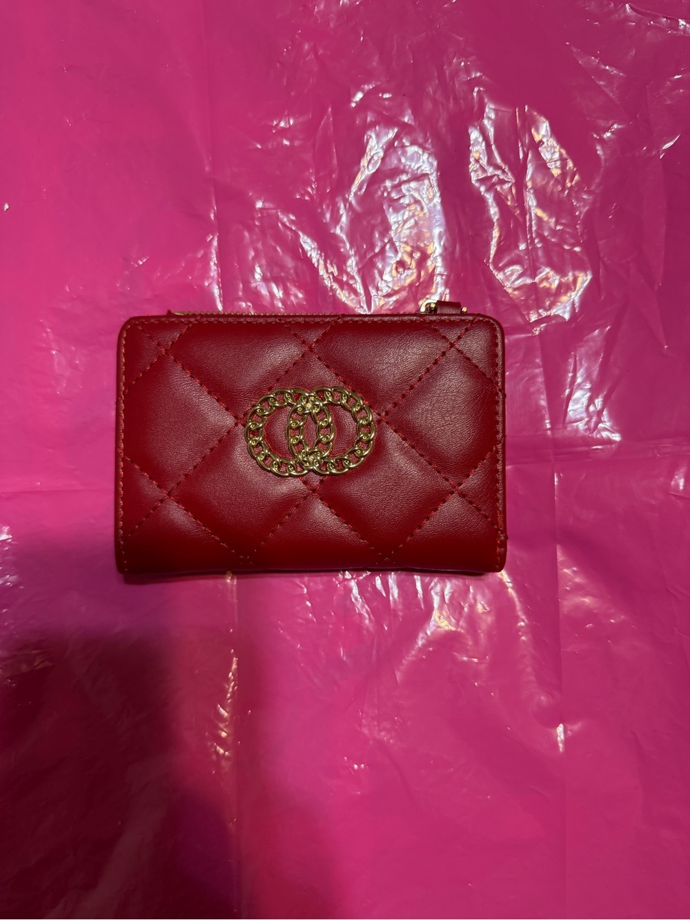 Quilted Red Leather Wallet with Gold Emblem